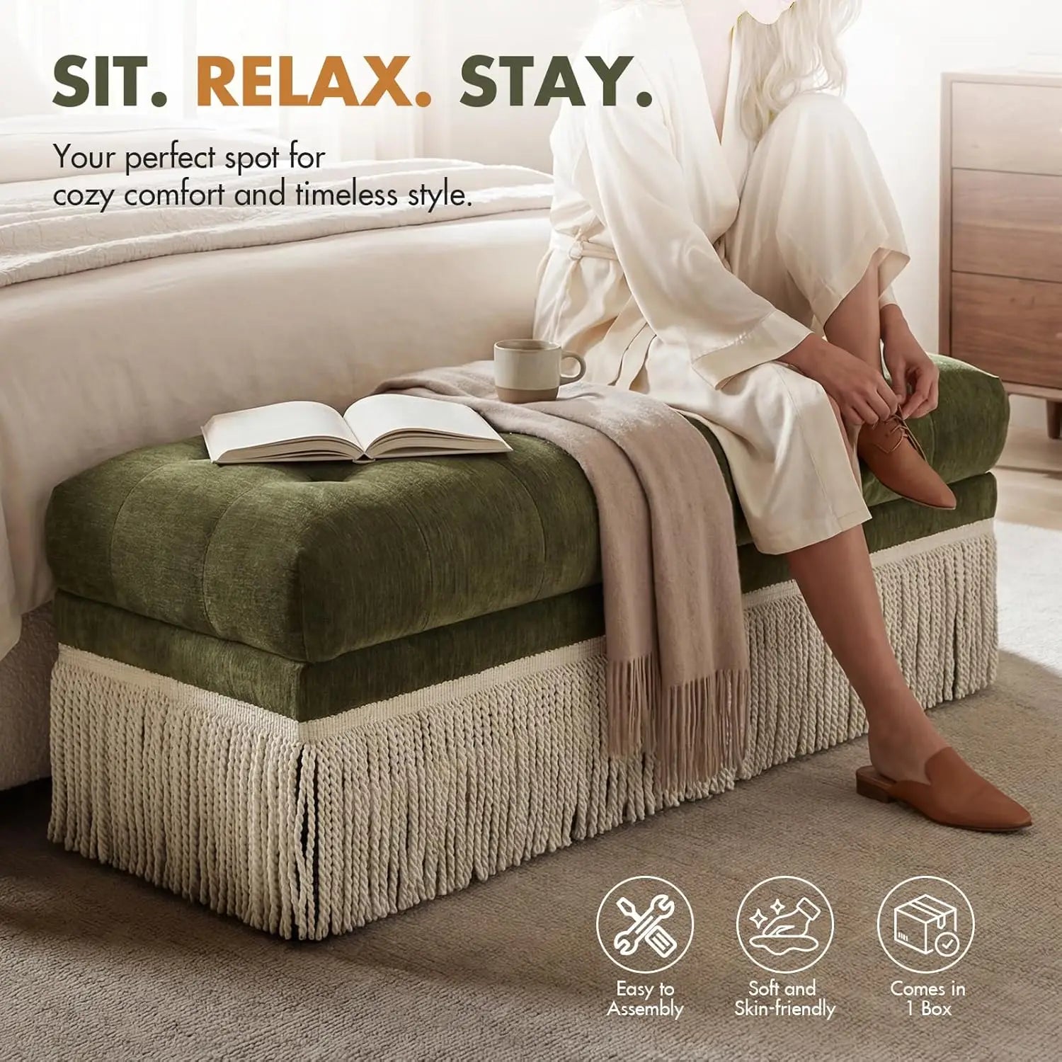 Green Chenille Comfort Bed Bench