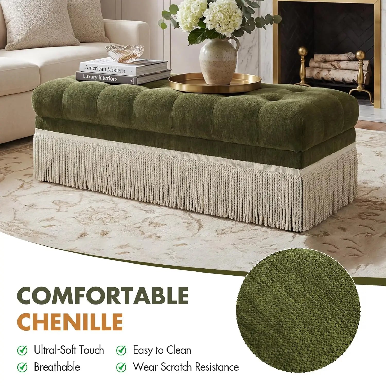 Green Chenille Comfort Bed Bench